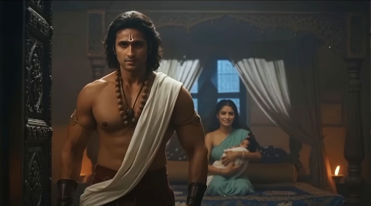 Screenshot from JioHotstar’s AI Mahabharat Ek Dharmayudh trailer showing a warrior entering a royal chamber, while a woman holds a baby in the background.